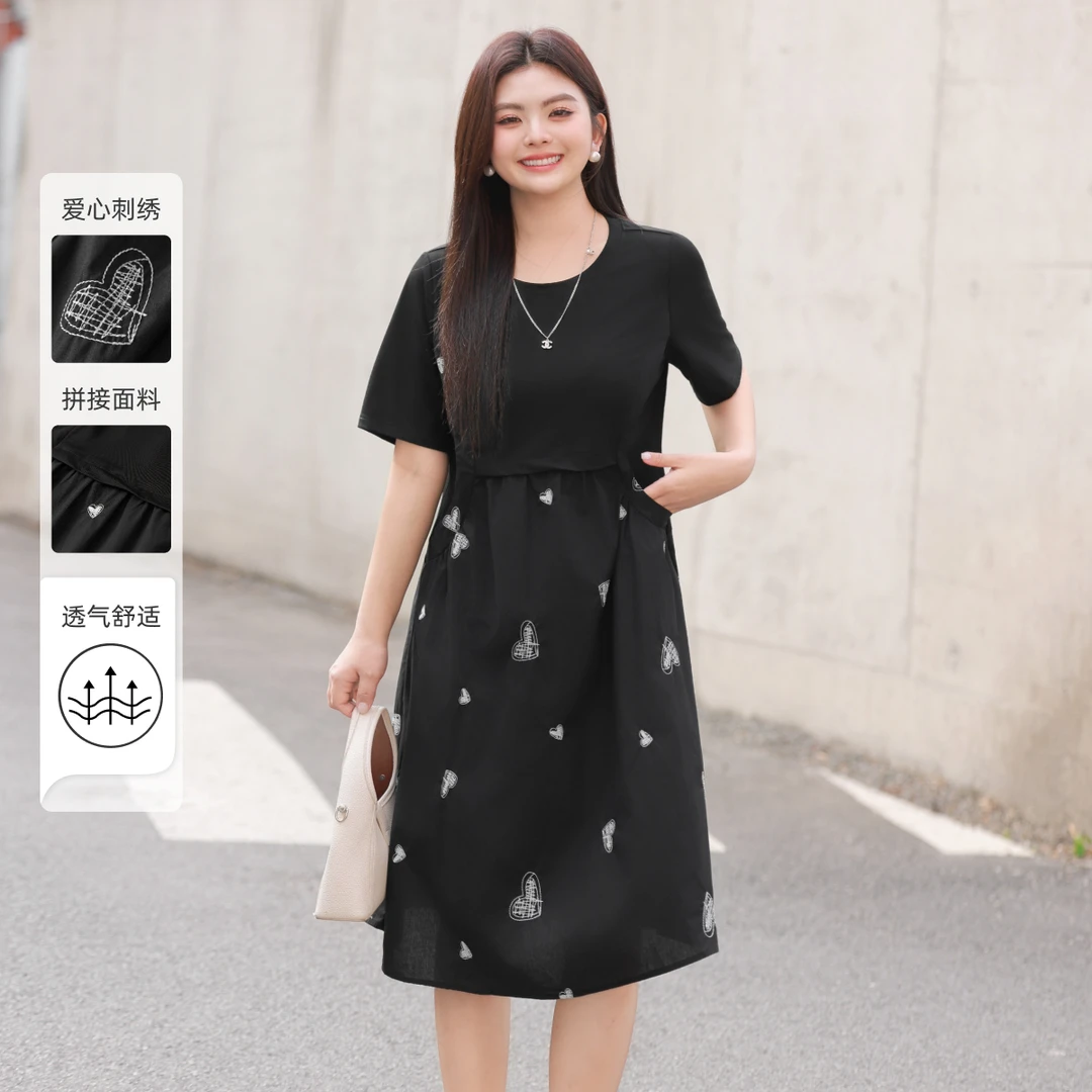 【气质减龄刺绣拼接连衣裙】MsShe大码女装新款秋季裙子X~F2503015