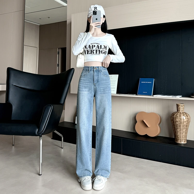 窄版直筒牛仔裤女夏薄款2025新款夏季显瘦浅色小个子高腰阔腿裤子