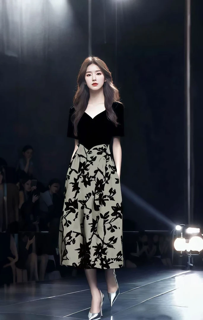 气质桔梗法式连衣裙收腰方领拼色港风复古chic裙子小众设计感