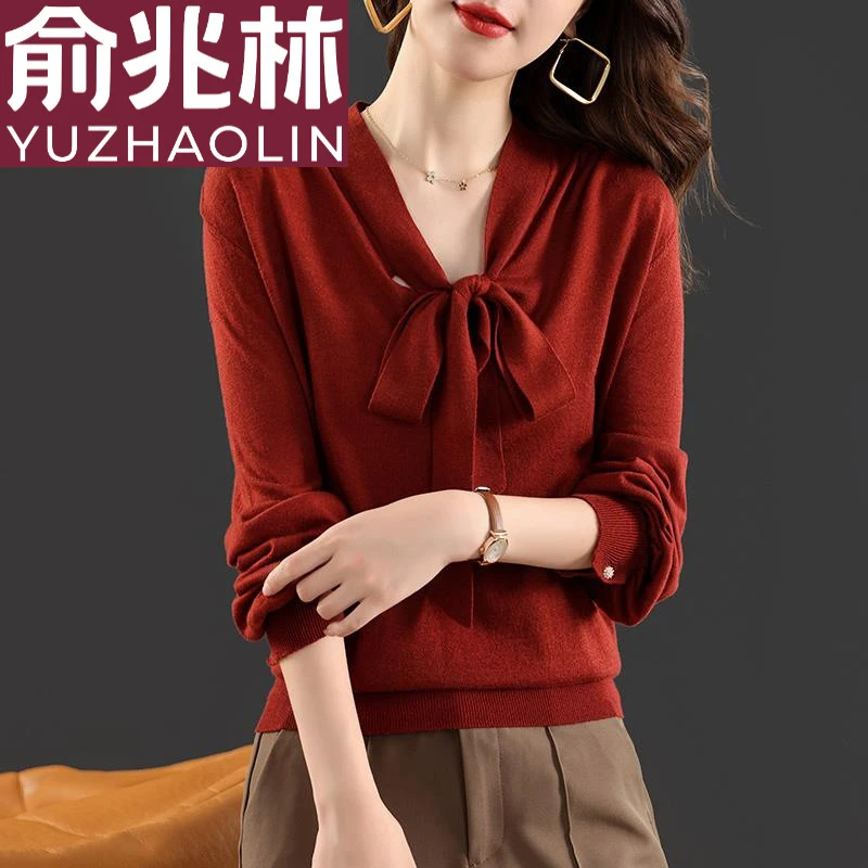 俞兆林蝴蝶结羊毛针织衫女秋冬季v领飘带打底衫高级感宽