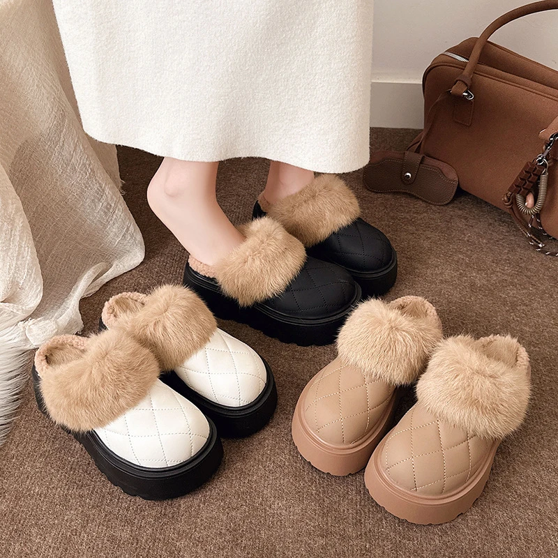 厚底增高鞋女外穿2025秋冬新款一脚蹬包头半拖懒人鞋加绒毛毛拖鞋