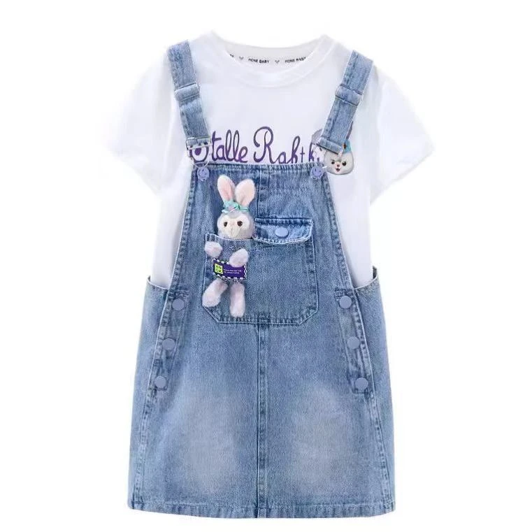 女童牛仔背带裙套装2024夏季新款洋气时尚短袖星黛露公主裙两件套