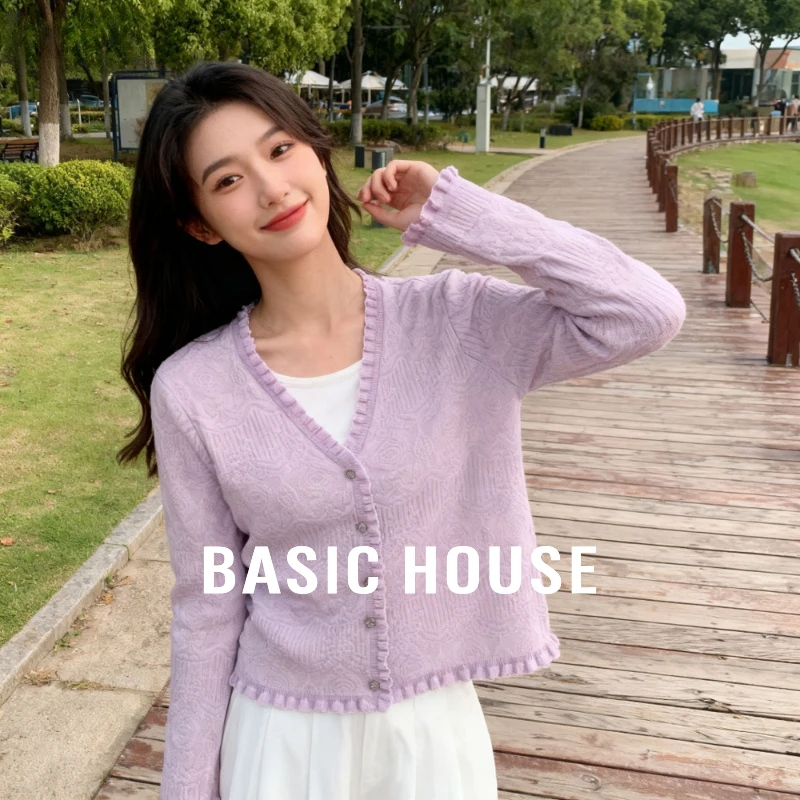 Basic House/百家好拼接磨毛边假两件撞色设计2025秋冬针织开衫女