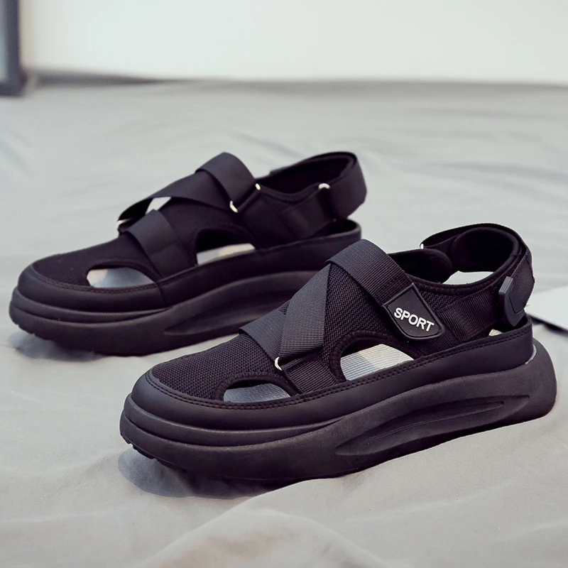 男士夏季新款纯色透气增高耐磨软底凉鞋洞洞鞋外穿旅游厚底沙滩鞋