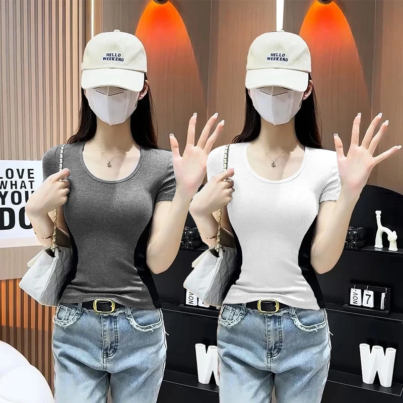 【认准正版】韩系2025春夏季新款圆领套头T恤女设计感修身显瘦上衣