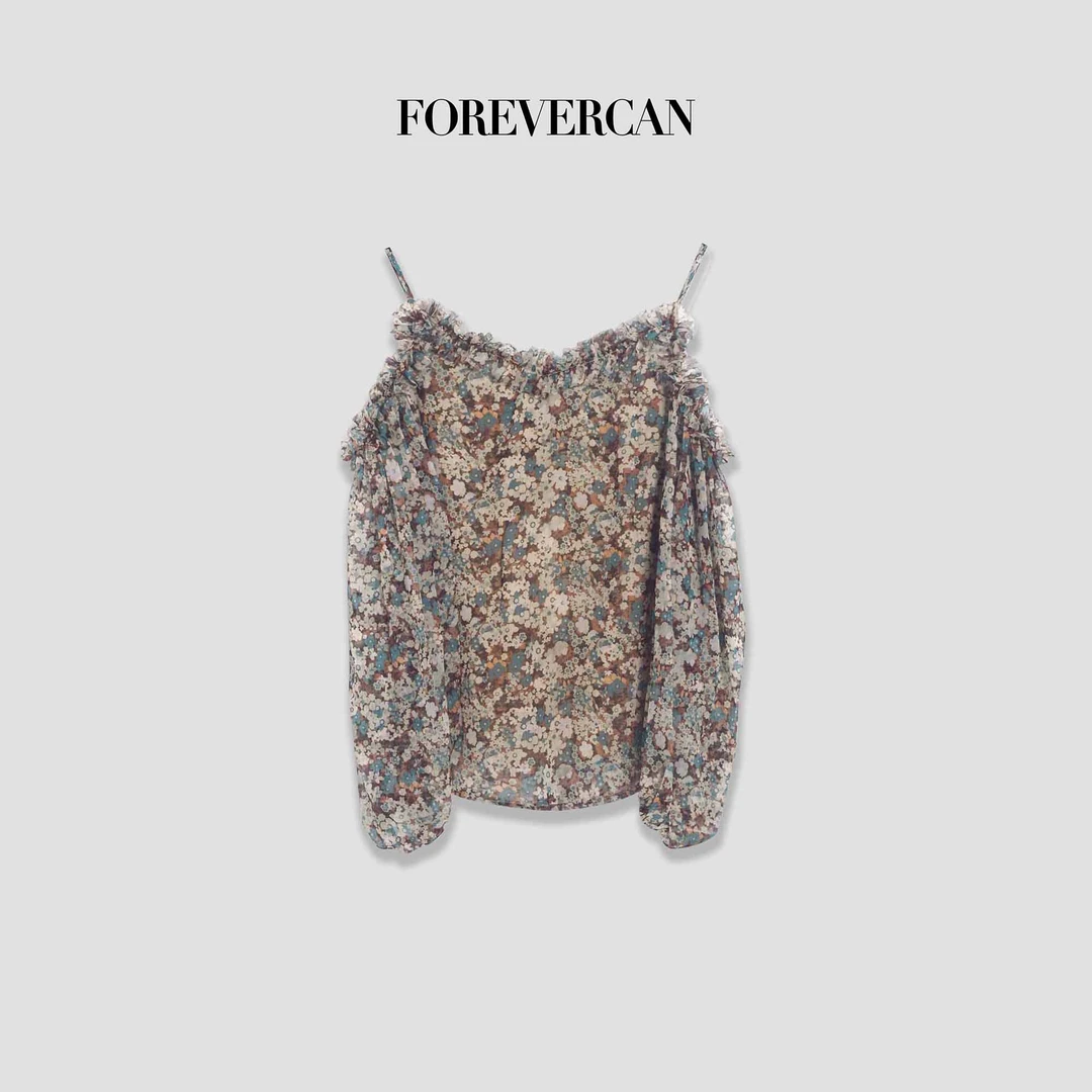 FOREVERCAN“沙漠绿洲”法式碎花露肩吊带灯笼袖上衣 ST16876