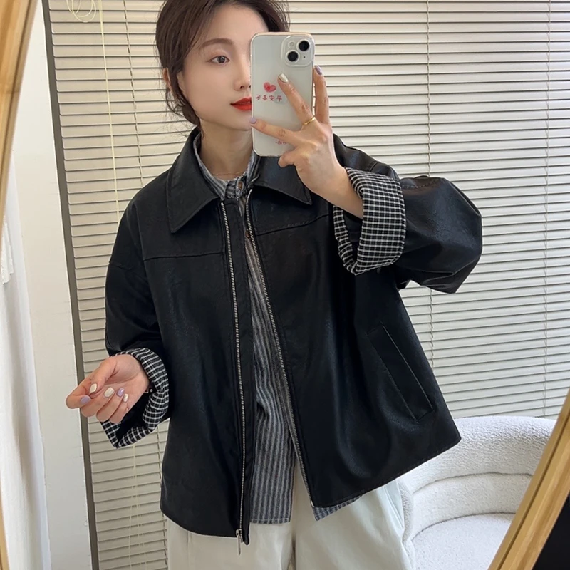 春季高级感流行显瘦黑色皮衣外套女宽松百搭小个子复古PU夹克上衣