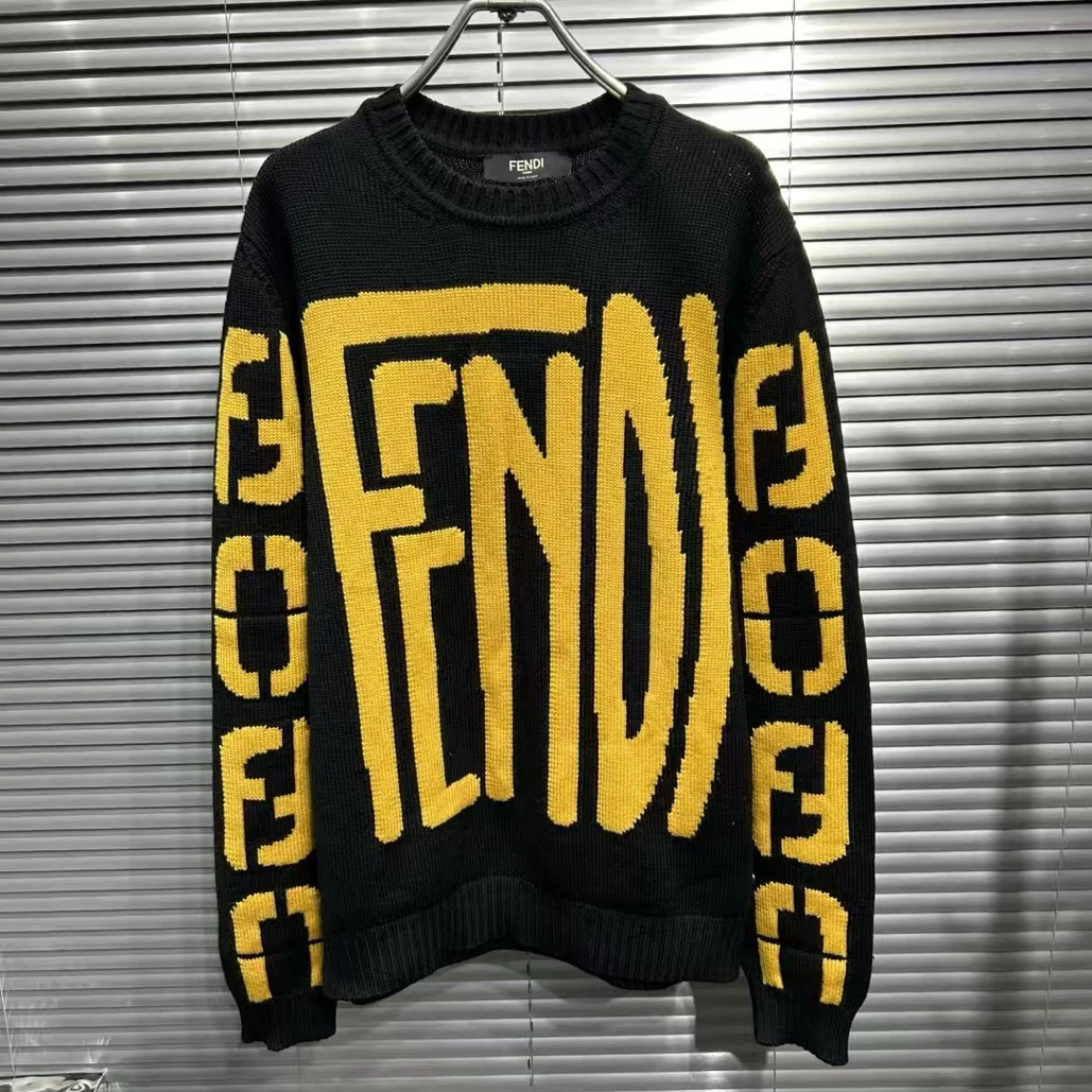 99新 FENDI/芬迪 黑黄双袖字母针织毛衣/48码