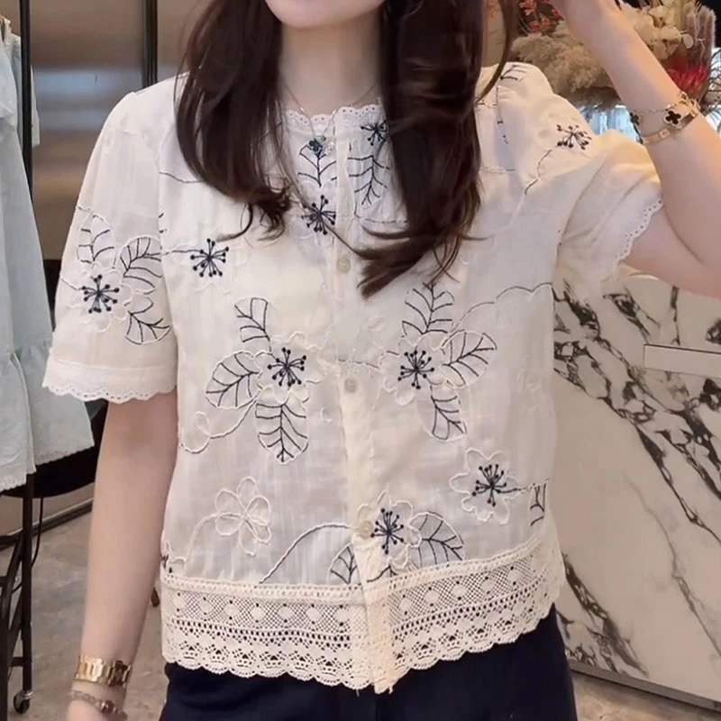 复古时尚蕾丝设计感短袖衬衫女2025夏季独特减龄洋气独特衬衣上衣