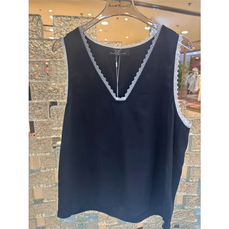 【MQ蕾丝V领无袖T恤】2025夏蕾丝拼接V领无袖背心T恤上衣
