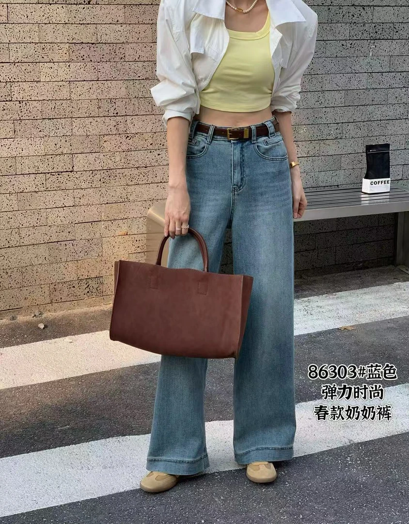 86303高腰牛仔裤女宽松显瘦阔腿裤复古牛仔裤