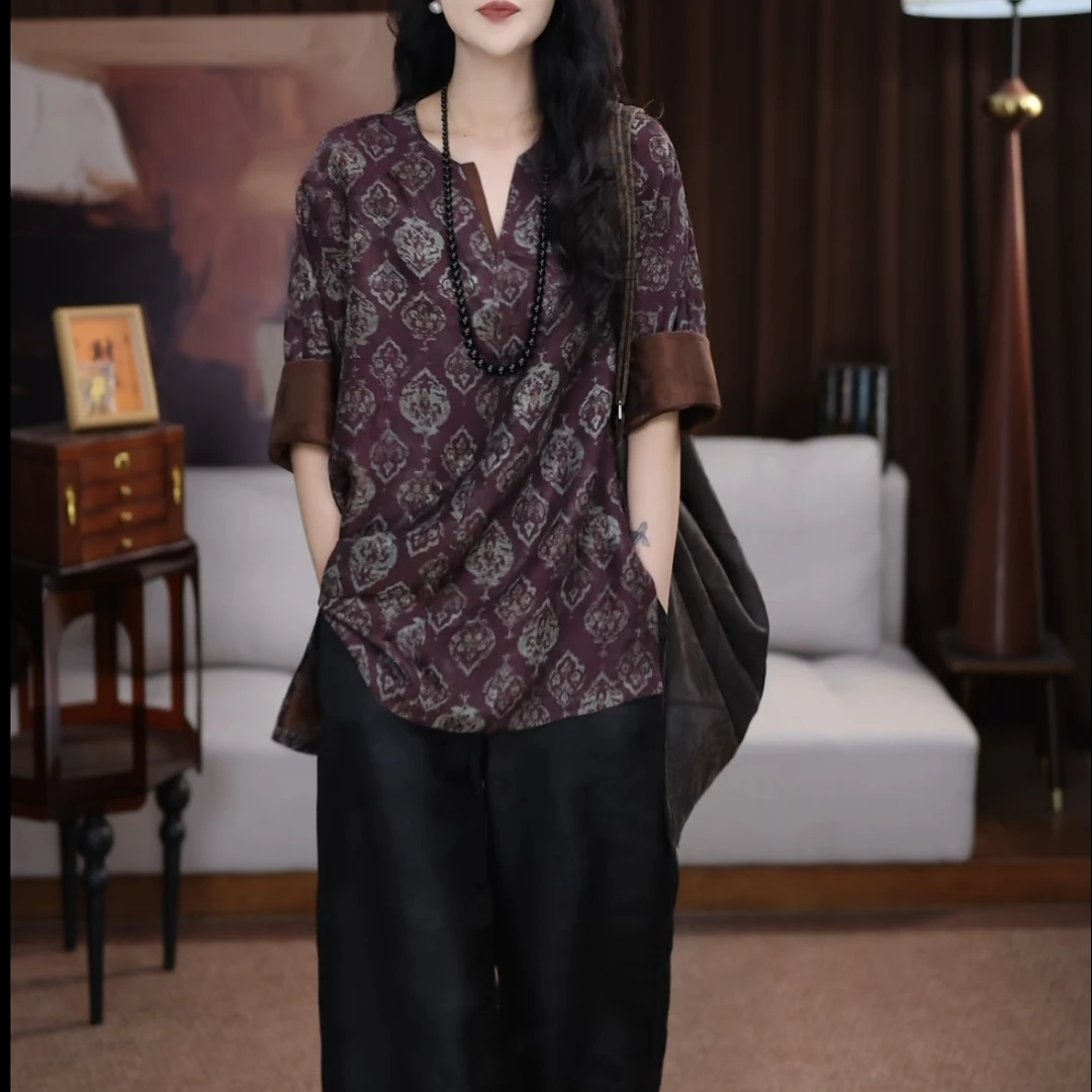 【紫屹】新中式宽松中式休闲印花夏季花色气质中国风上衣