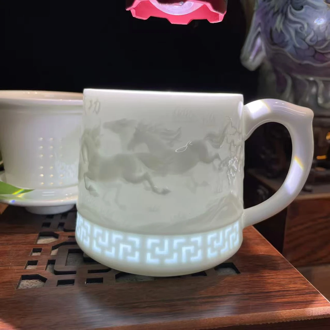 景德镇陶瓷影青马到成功玲珑浮雕茶杯家用办公室高档马克杯