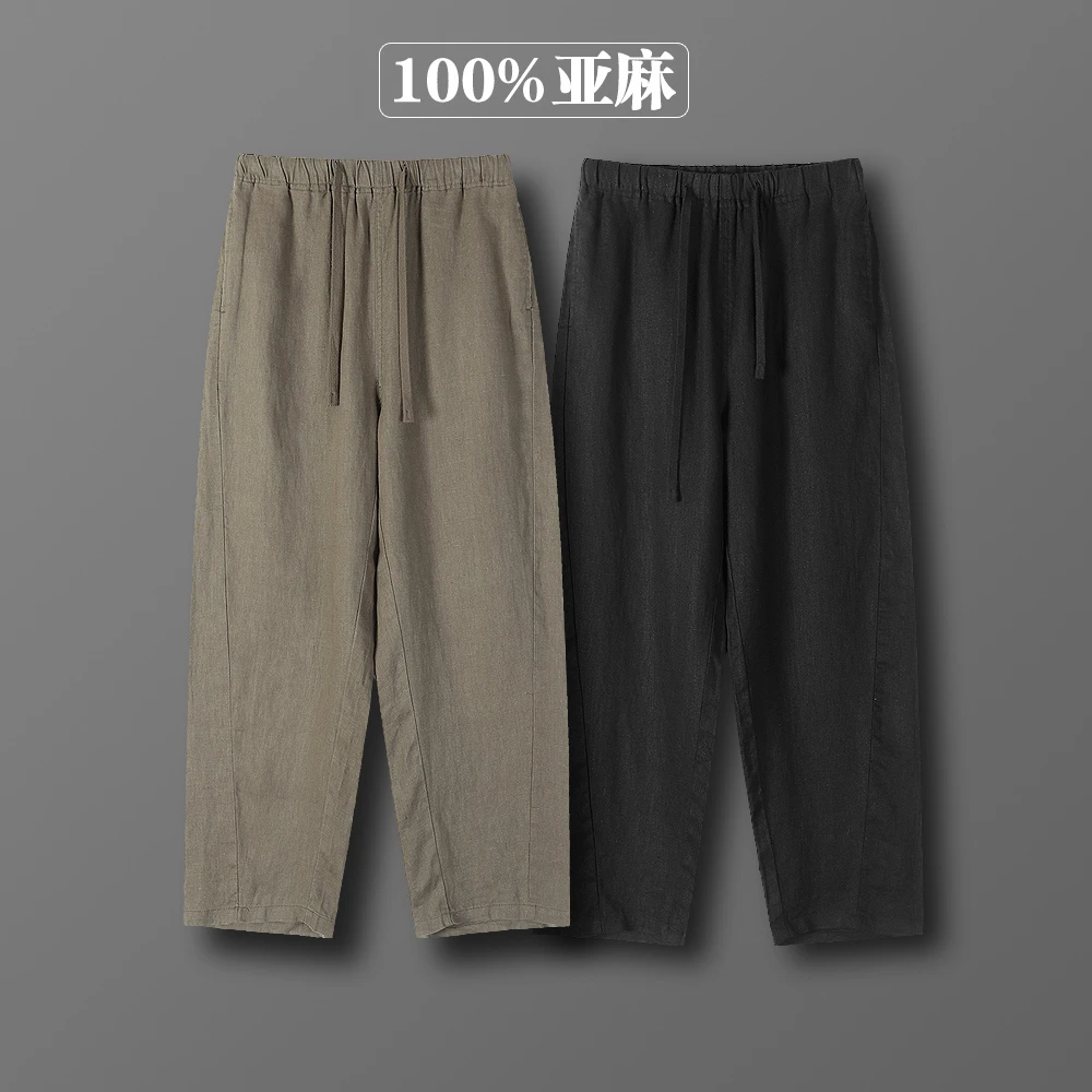 100%亚麻夏季男裤薄款老钱风亚麻裤纯亚麻休闲裤宽松直筒男士裤子