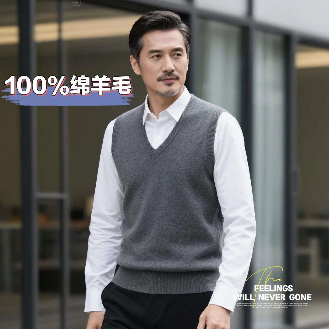 【100%绵羊毛】秋冬新款男士V领马甲羊毛衫加厚鸡心领纯羊毛背心男
