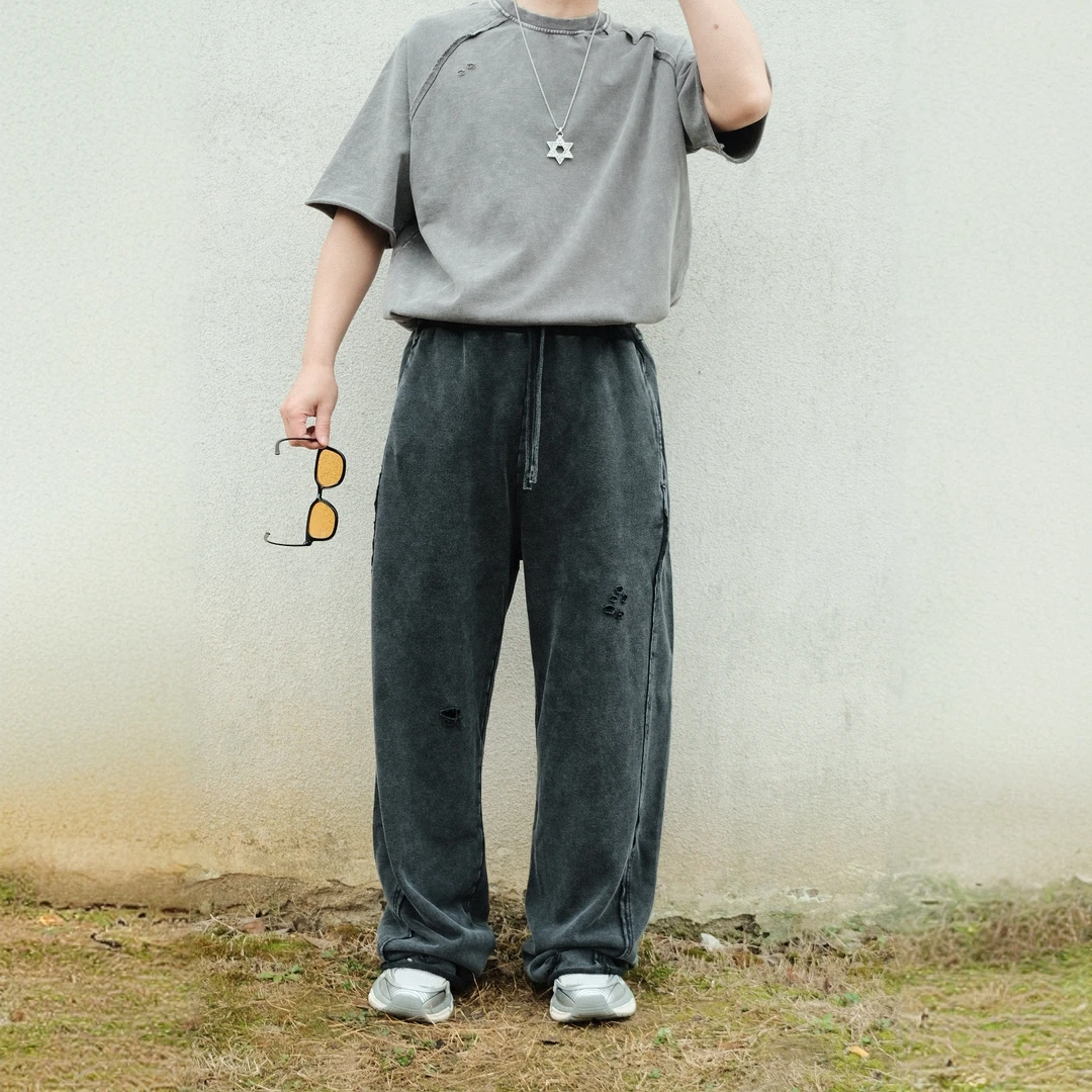 370G重磅毛圈布水洗做旧破洞毛边直筒休闲宽松卫裤男长裤秋季潮牌