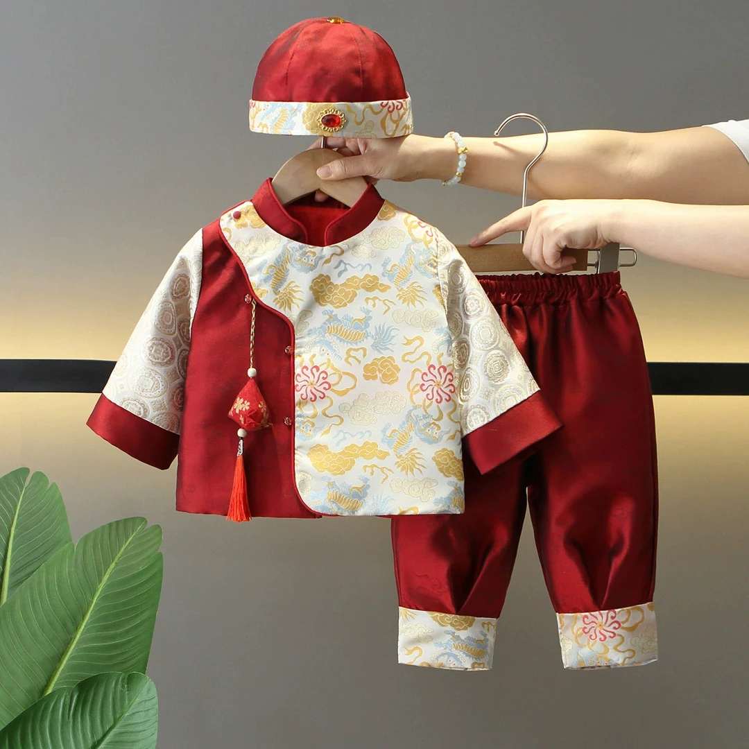 宝宝周岁礼服春秋套装男童抓周服婴儿中式唐装复古一岁生日宴衣服