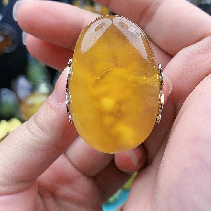 琥珀裸石银S925镶嵌戒指