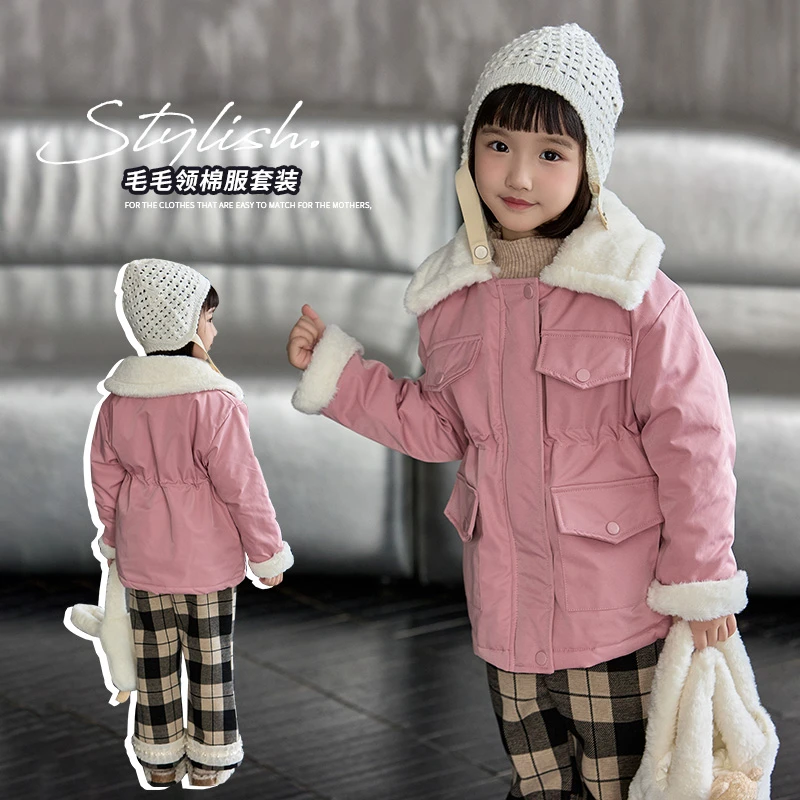 （801-1000）2024毛毛领韩版森系棉服女童洋气中长款女宝大童棉衣