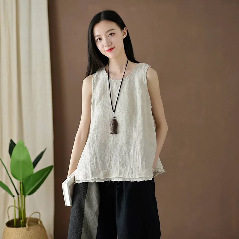 微笑向暖 夏季棉麻女装文艺复古亚麻毛边吊带上衣女士打底小背心