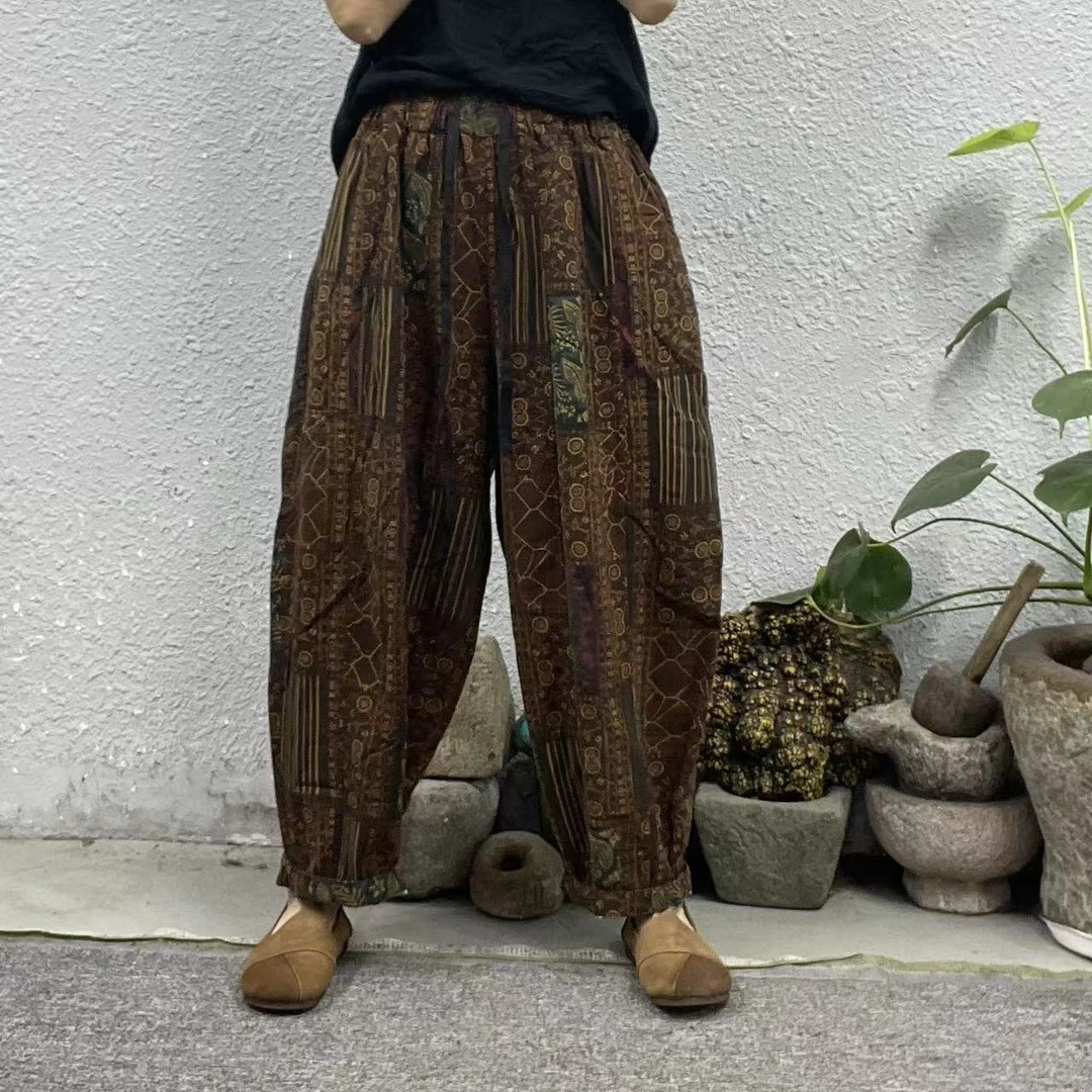 2539咖格色织麻前六片式南瓜休闲裤（长92臀围132脚口42