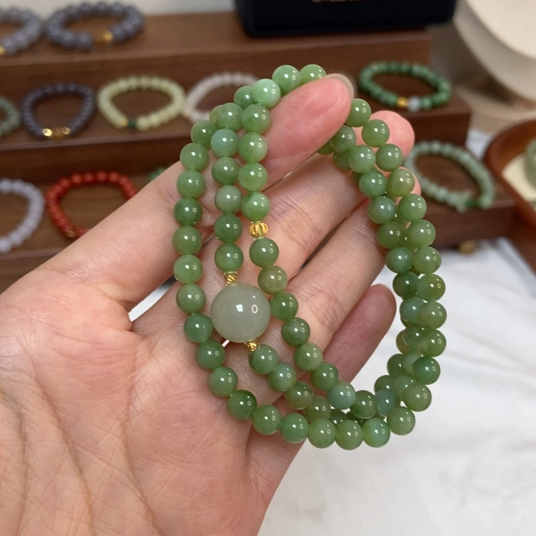 和田玉18K金镶嵌手链6mm黑阳洞碧玉三圈