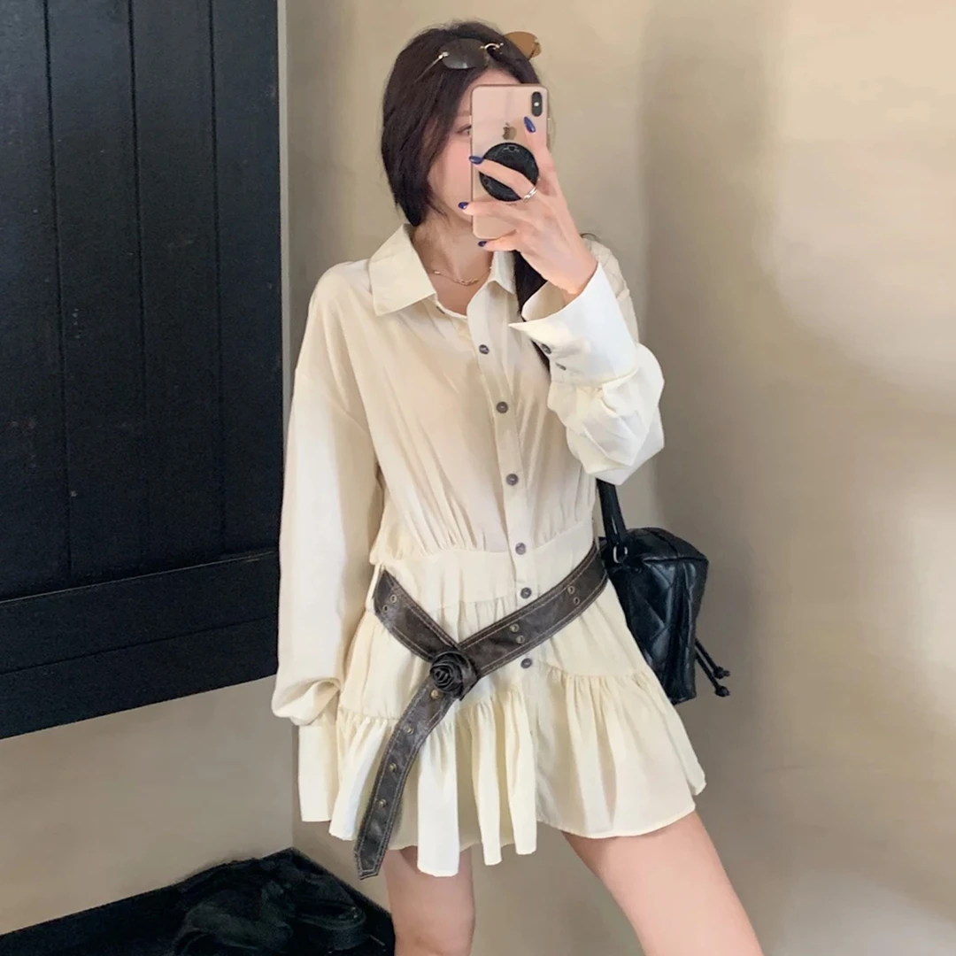 韩系翻领长袖衬衫连衣裙子女春秋2025新款不规则收腰百褶短裙套装