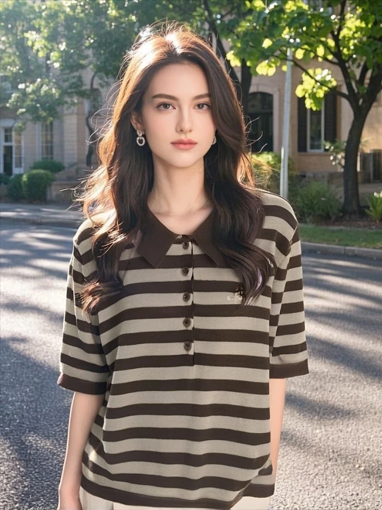 普拉那 324 新款夏季撞色条纹短袖气质百搭显瘦女装短款针织衫