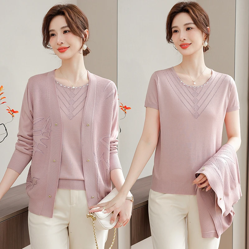 气质妈妈春季薄款两件套上衣中老年女针织开衫短袖T恤春夏装外套