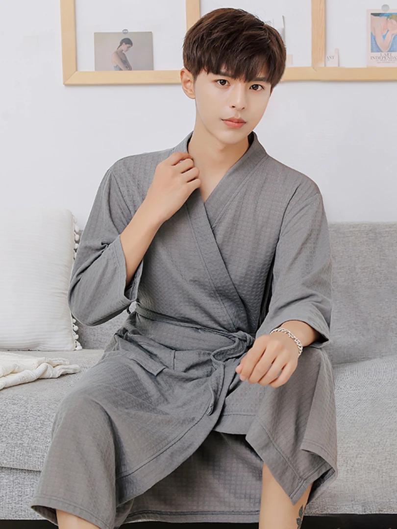 春秋薄款浴袍加肥加大家居服长款浴衣日式速干睡衣男士睡袍 200斤