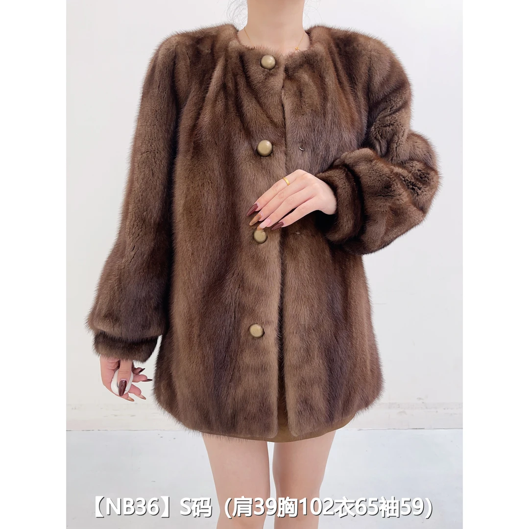 【NB36】S 冷茶棕短款整皮貂皮水貂大衣女 圆领泡泡袖 02036
