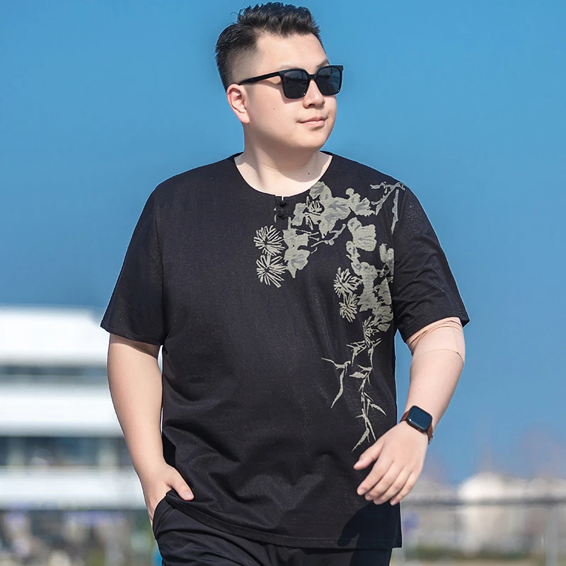 OUXLDNE男士印花短袖t恤圆领加大码宽松休闲上衣中国风盘扣夏装男