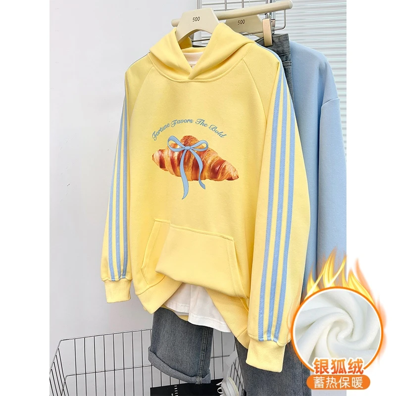 牛角包印花三条杠连帽卫衣女秋冬季潮流设计宽松大码加绒加厚上衣