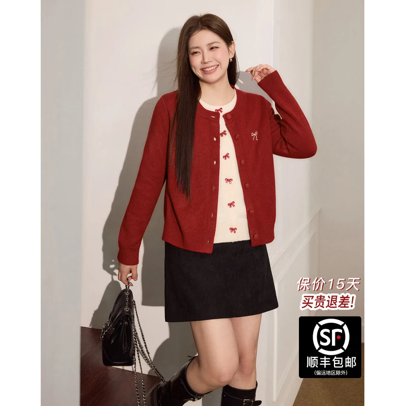 蓝语大码女装新年氛围感红色针织毛衣冬新款假两件蝴蝶结韩系上衣