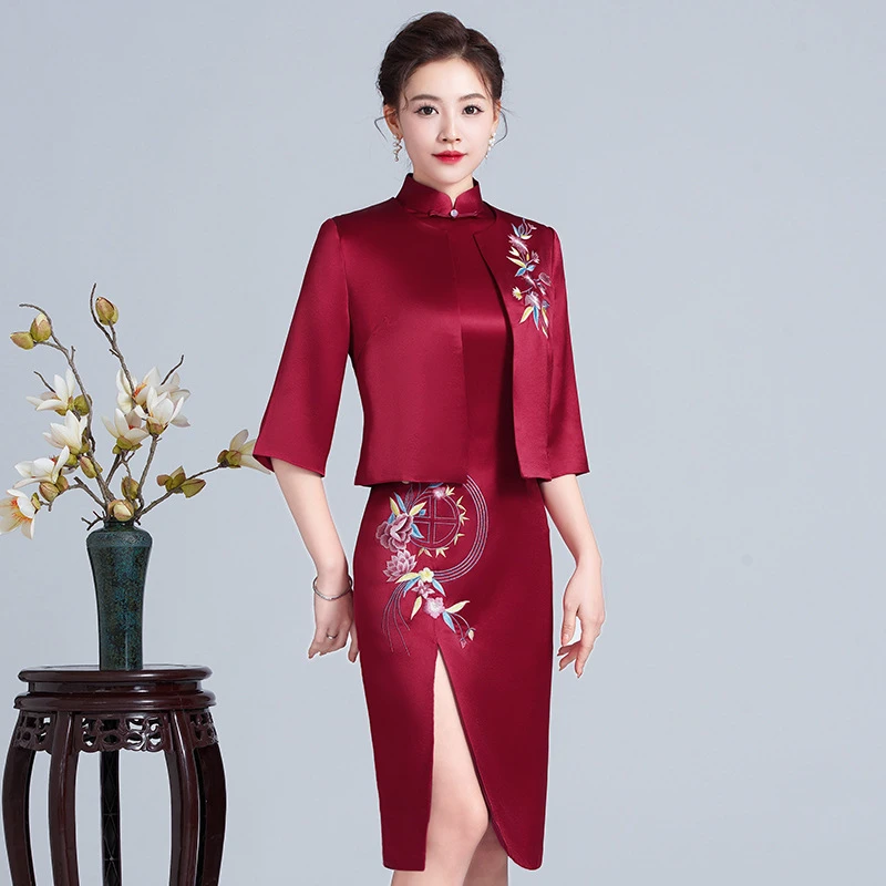 高端新款旗袍两件套裙妈妈婚宴礼服小个子喜婆婆婚宴装秋冬季高贵