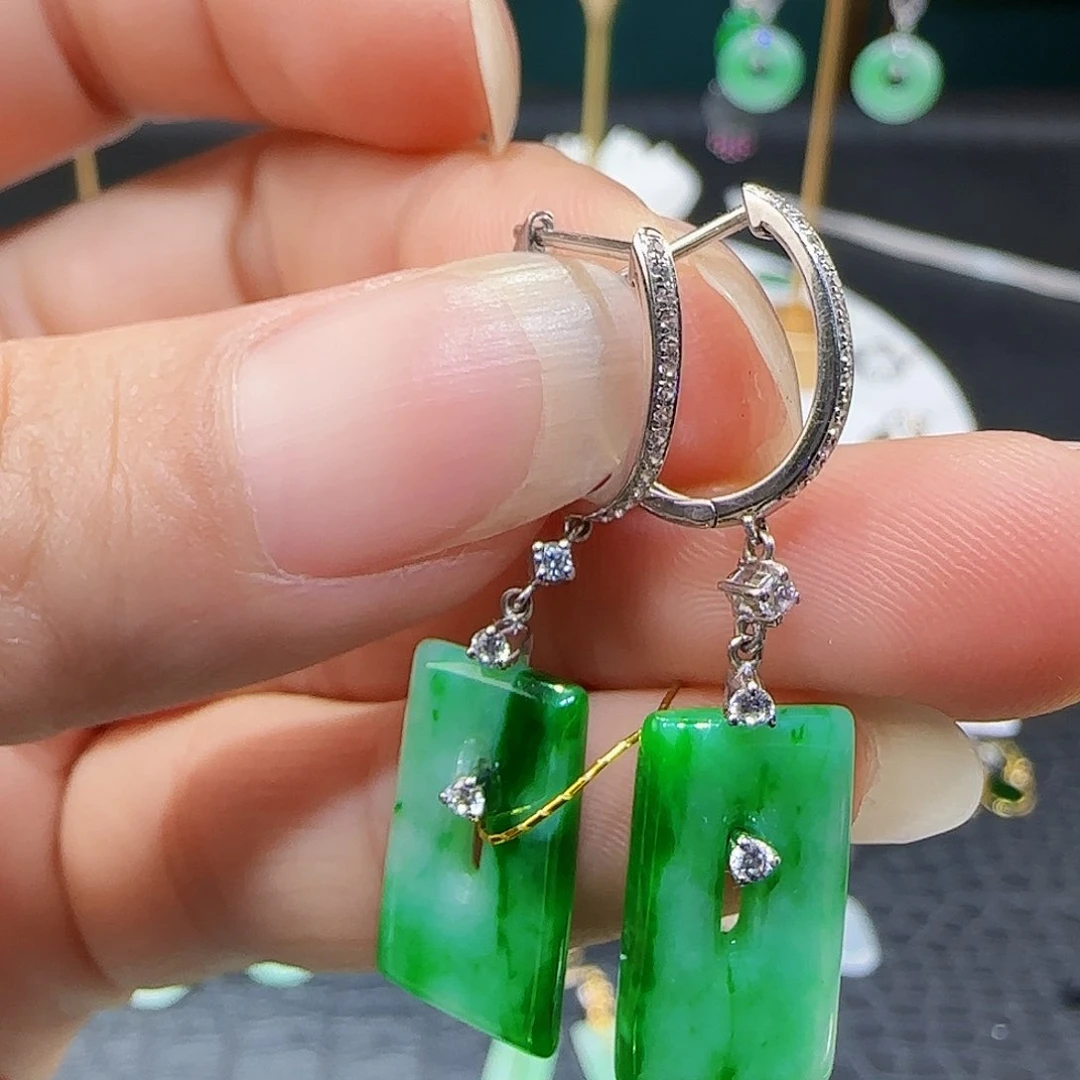 翡翠18K金镶嵌耳饰天然缅甸a货翡翠