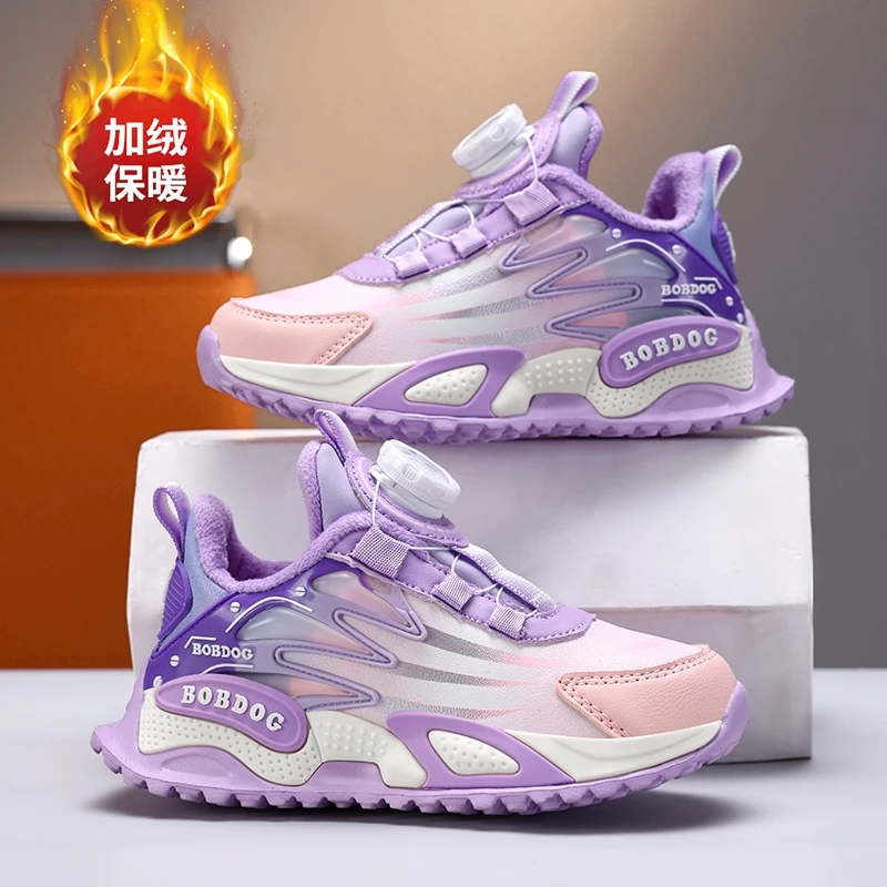 巴布豆女童鞋秋冬防水皮面加绒保暖二棉鞋中大童女孩户外运动跑鞋
