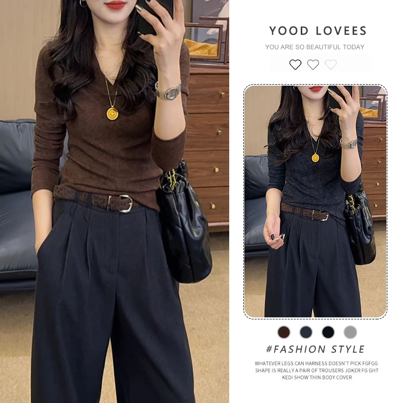 时尚套装女2025春秋季新款时尚百搭修身V领上衣阔腿裤休闲两件套