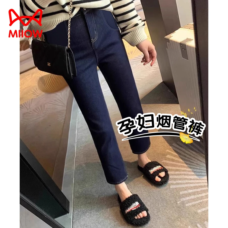 MiiOW/猫人孕妇直筒牛仔裤2025新款复古丹宁蓝显瘦烟管裤加绒加厚