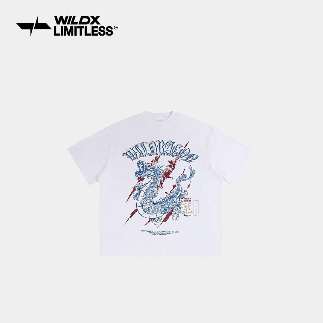 WildX 「龙年限定」夏季美式宽松潮牌男女情侣小领口T恤街头短袖