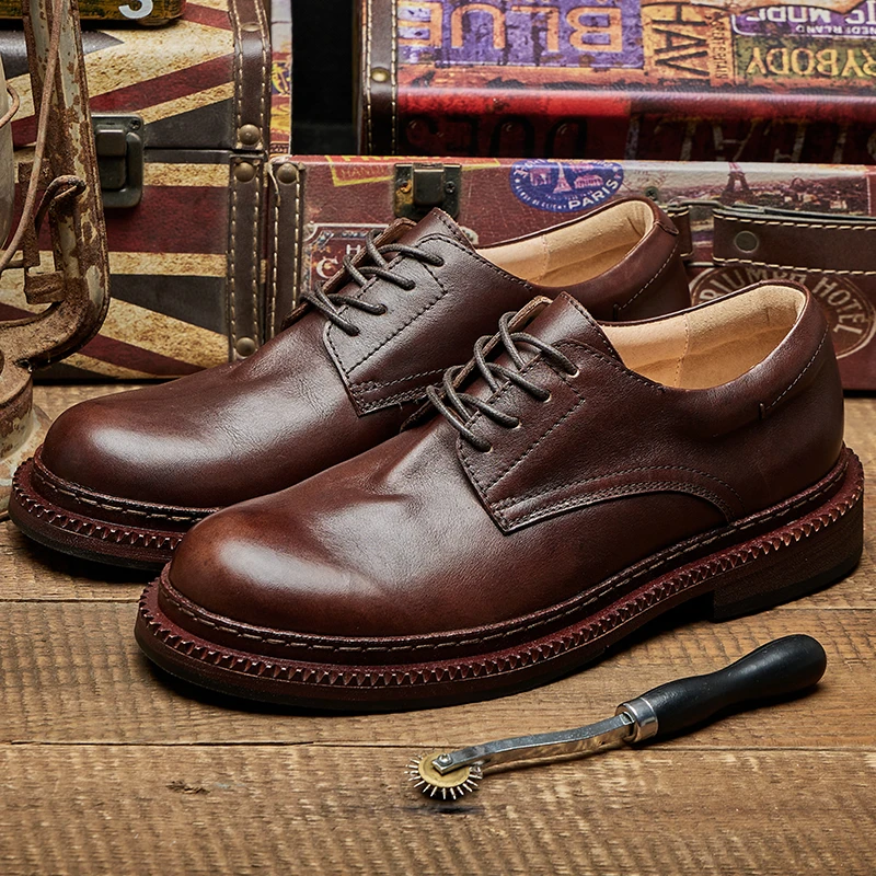 复古英伦男士真皮低帮皮鞋圆头牛皮商务休闲百搭夏季德比鞋大头鞋