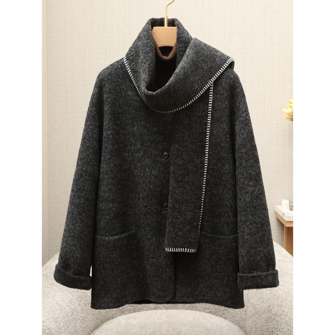 2025秋冬新款双面羊绒大衣女短款新款围巾领高级感羊毛呢子外套女
