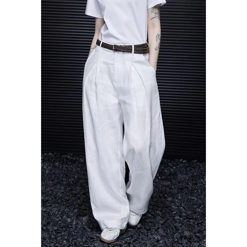 moment白色亚麻阔腿裤西裤女2025春季新款简约设计感小众复古日系