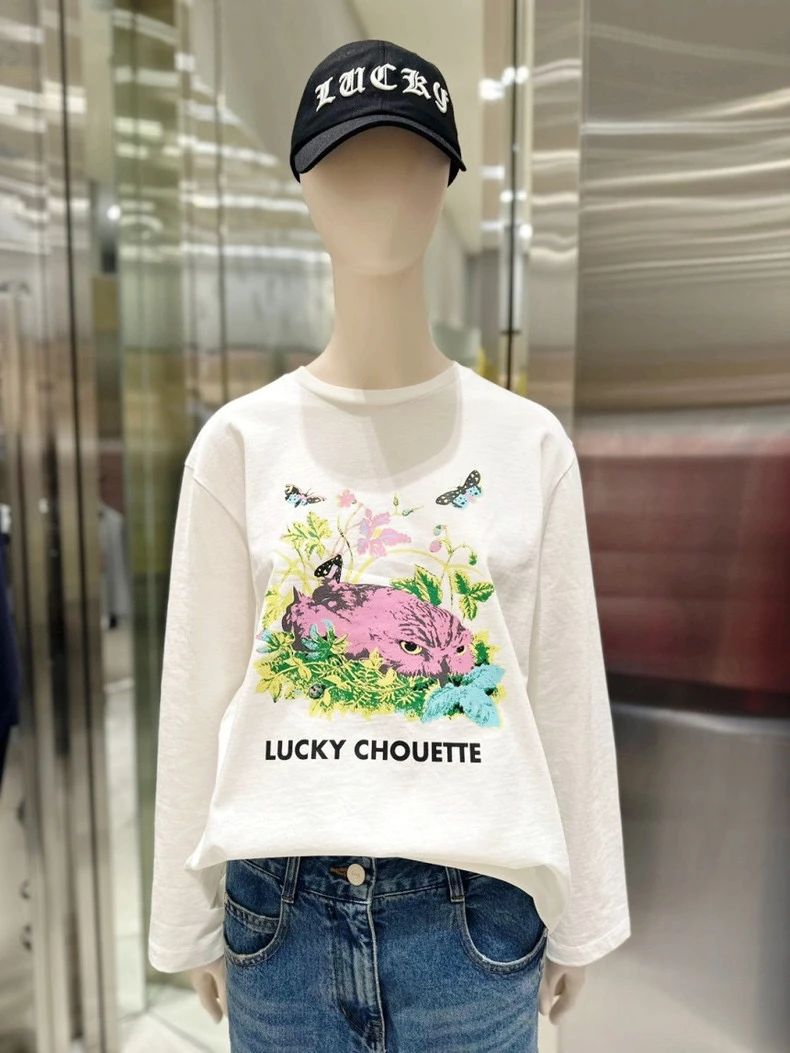 猫头鹰印花长袖t白t女
