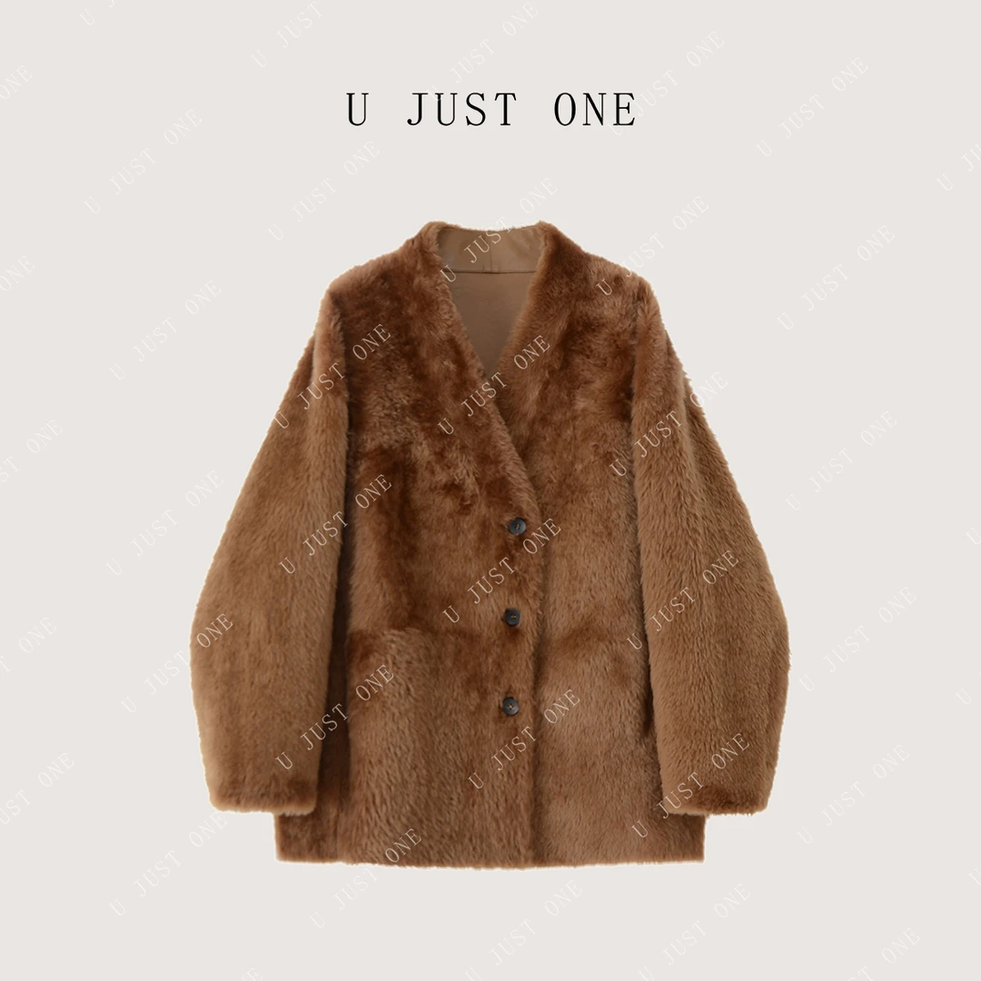 【U JUST ONE】皮草双面皮衣宽松黑色复古奢华外套咖色UJ00107