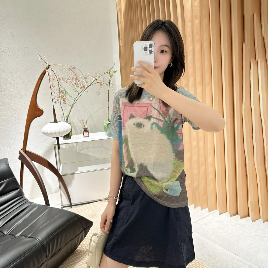 【褚培培自制】“猫咪的房门”-薄薄薄-半夏设计感少女风印花短袖小衫