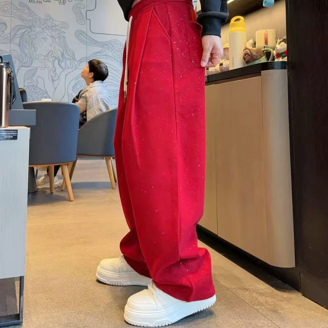 秋冬季加绒满天星休闲裤男痞帅褶皱潮流百搭直筒长裤宽松锥形裤