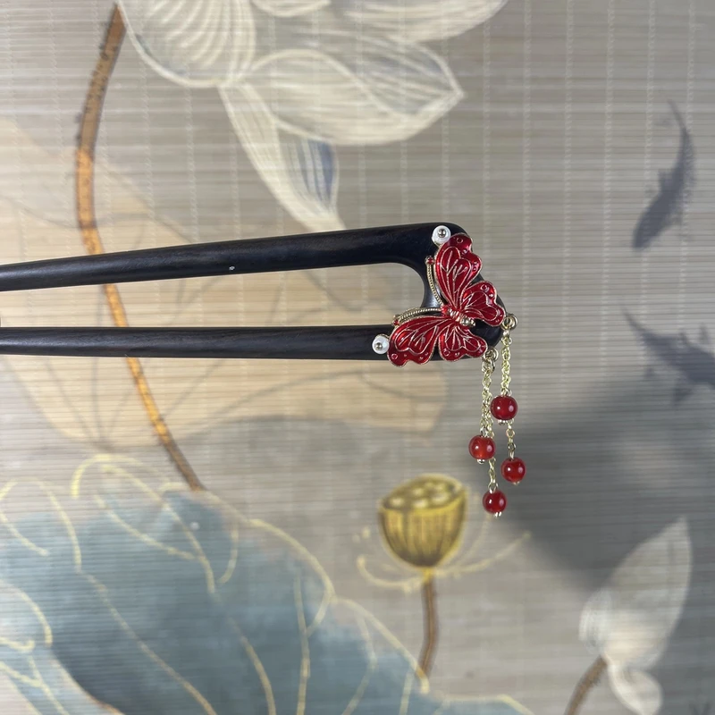 J326红色蝴蝶15公分双钗发簪气质发饰中式纯手工国风百搭时尚发簪