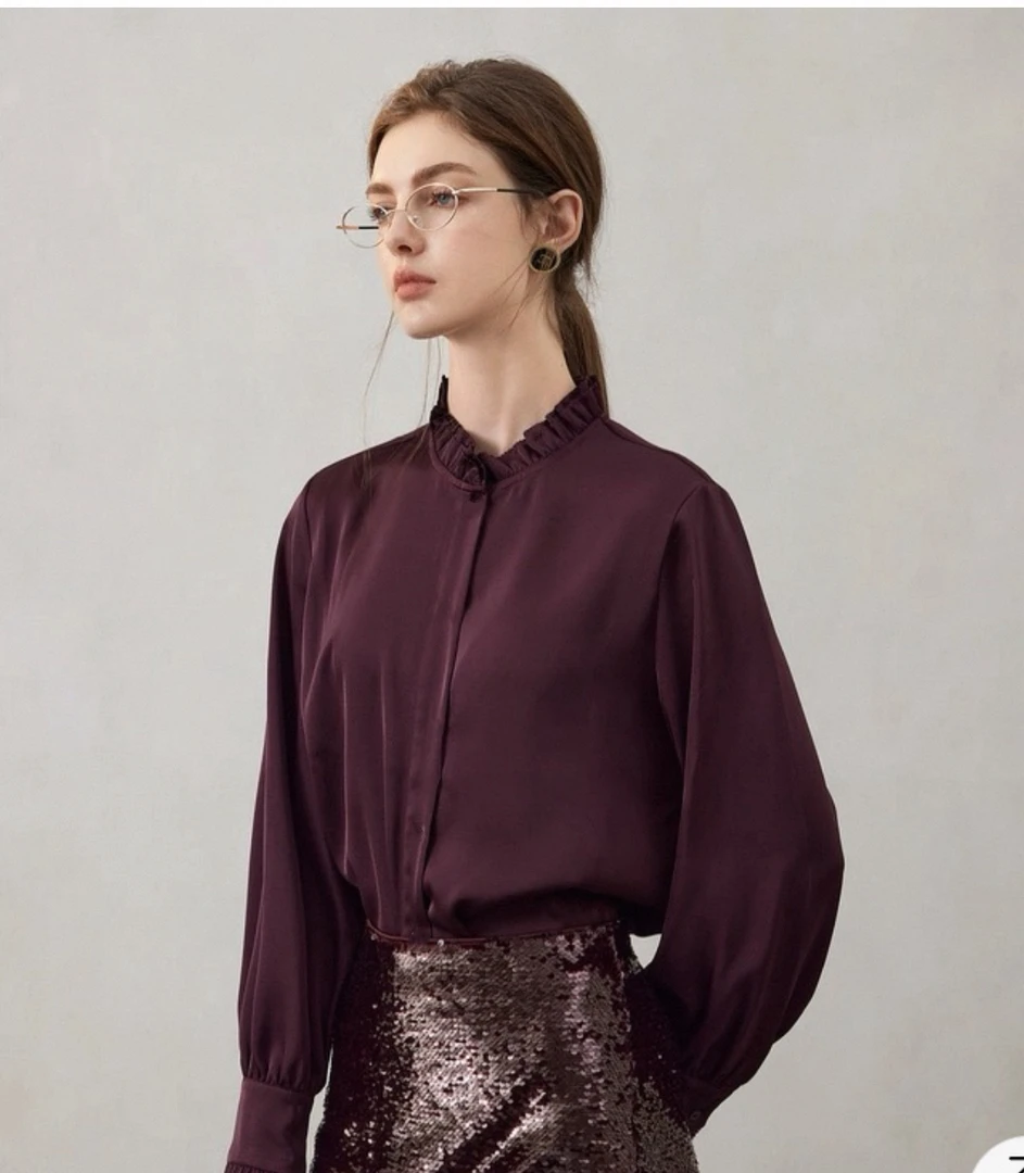 微微瑕【丝滑缎面长袖衬衫】亢皱仿醋酸面料 双层木耳边立领优雅衣