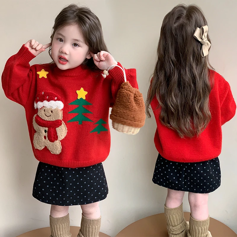 儿童冬季新款洋气女童长袖卡通饼干人针织毛衣打底衫冬装红色毛衣